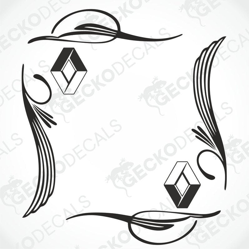 A pair of black side window decals for a Renault vehicle, featuring decorative swirls and the Renault logo.