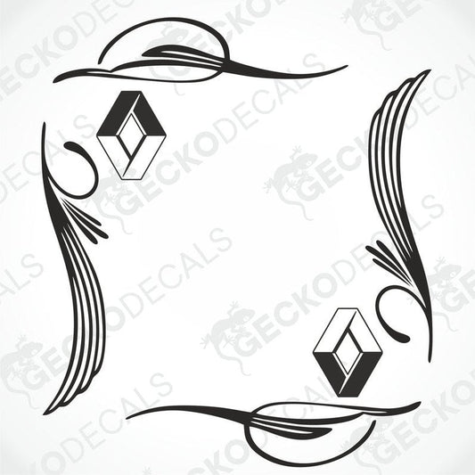 A pair of black side window decals for a Renault vehicle, featuring decorative swirls and the Renault logo.