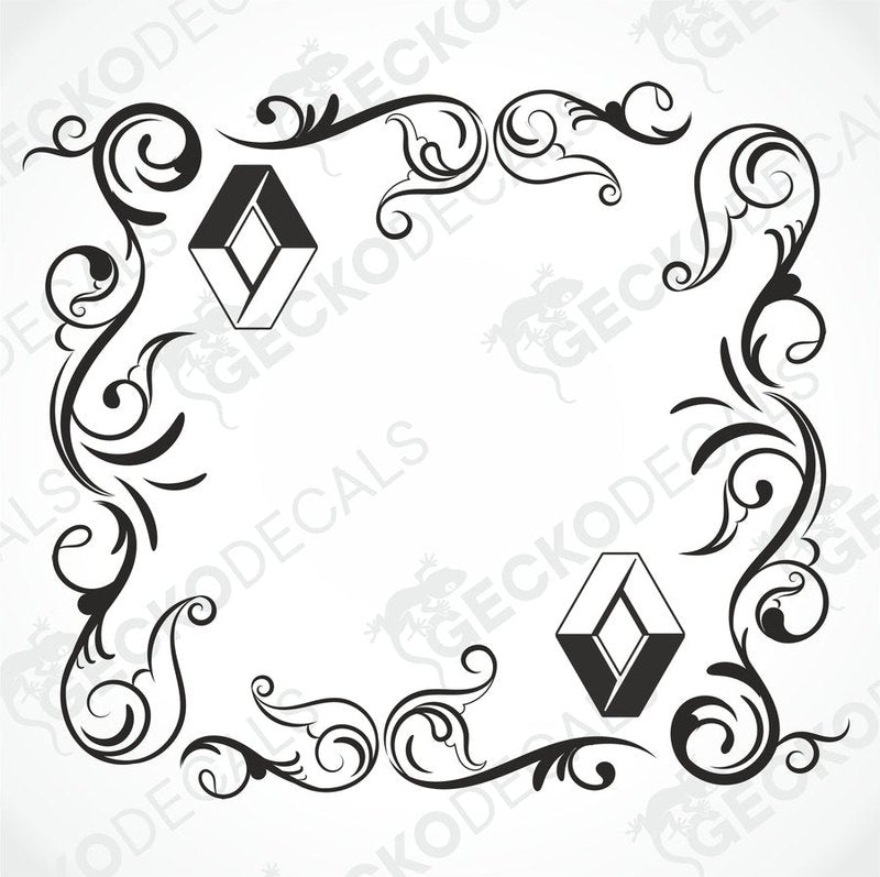 A die cut decal with a floral pattern and Renault logo, designed for use on vehicle side windows.