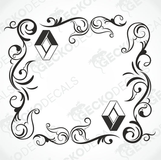 A die cut decal with a floral pattern and Renault logo, designed for use on vehicle side windows.