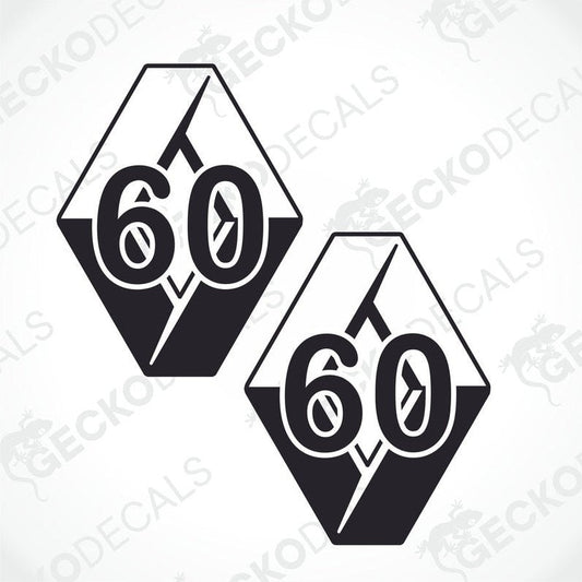 Two black and white vehicle decals with the number 60 and the Renault brand logo.