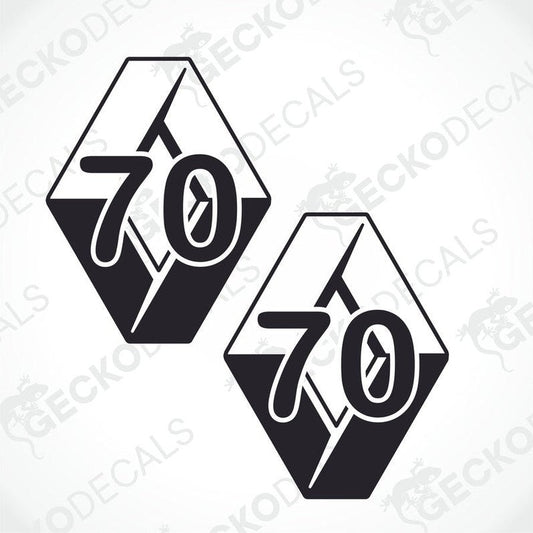 Two black and white decals with the number 70 and the RENAULT brand logo.