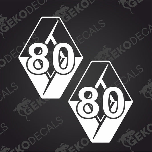 Two black and white vehicle decals with the number 80 and the Renault brand logo.