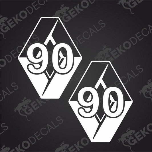 Two black and white vehicle decals with the number 90 and the Renault brand logo.