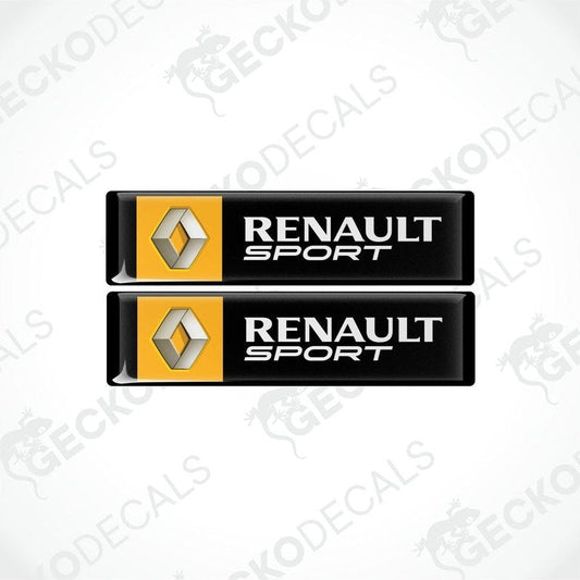 Two vinyl stickers with the RENAULT SPORT logo, one with a yellow background and the other with a black background, both with the gecko decals logo at the bottom.