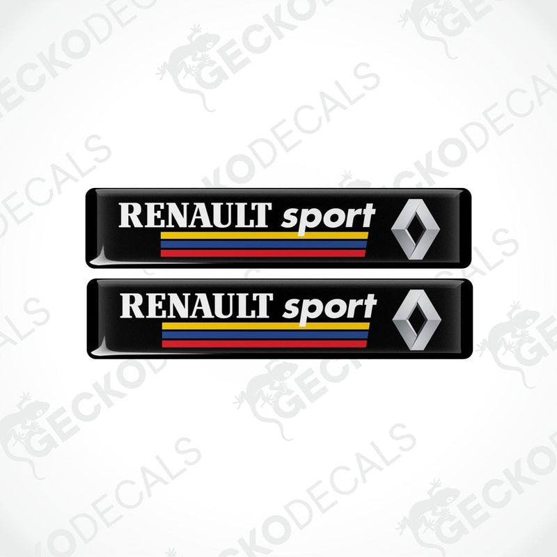 Two black rectangular vinyl decals with the text 'RENULT sport' and the Renault logo in white, yellow, and red.