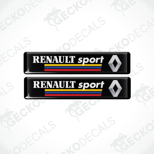 Two black rectangular vinyl decals with the text 'RENULT sport' and the Renault logo in white, yellow, and red.