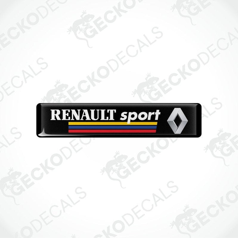 Black rectangular vinyl decals with the text 'RENULT sport' and the Renault logo in white, yellow, and red.