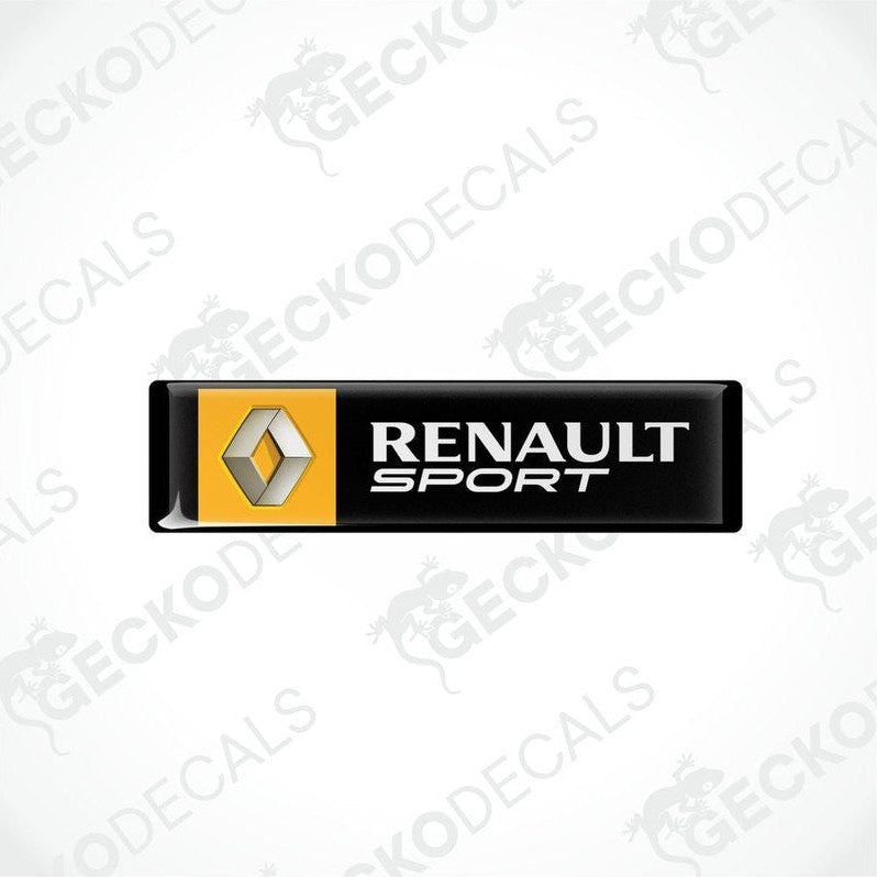  Vinyl stickers with the RENAULT SPORT logo, one with a yellow background and the other with a black background, both with the gecko decals logo at the bottom.