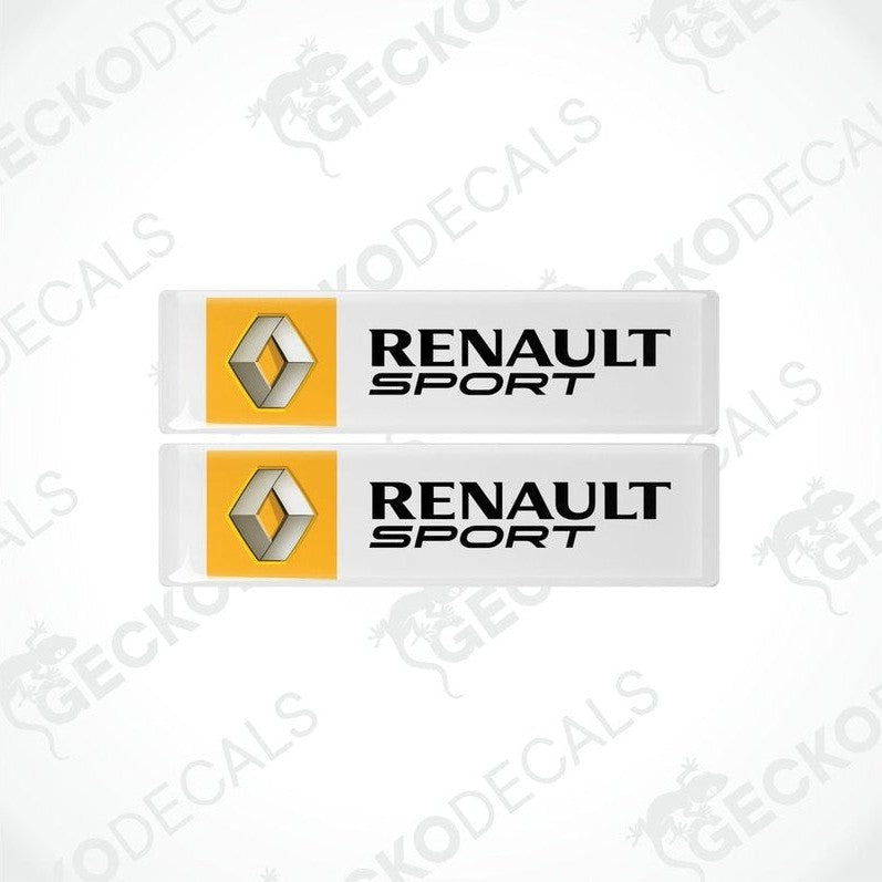 Two vinyl stickers with the RENAULT SPORT logo, one with a yellow background and the other with a withe background, both with the gecko decals logo at the bottom.