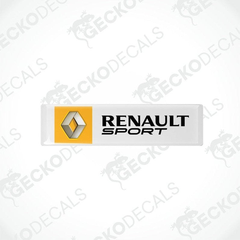  Vinyl stickers with the RENAULT SPORT logo, one with a yellow background and the other with a withe background, both with the gecko decals logo at the bottom.