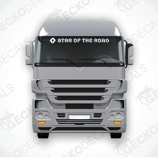 A die cut decal with the text 'STAR OF THE ROAD' positioned on the upper part of a truck's windshield.