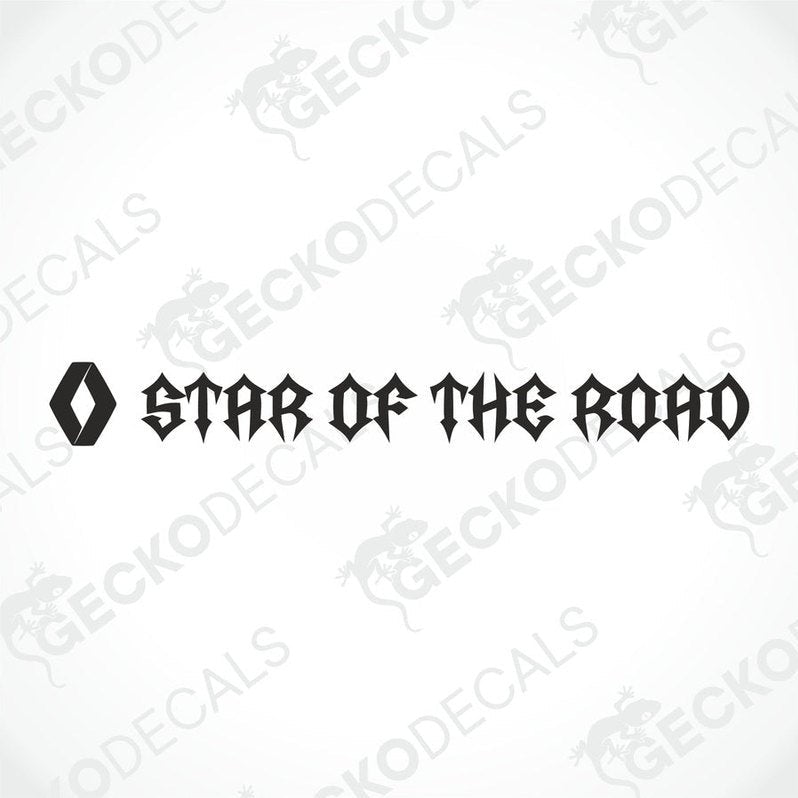 A die cut decal with the text 'STAR OF THE ROAD' positioned on the upper part of a truck's windshield.