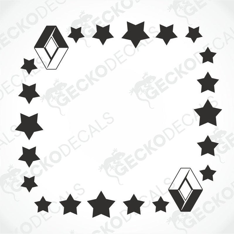 A set of black star-shaped decals intended for use as vehicle side window decorations.