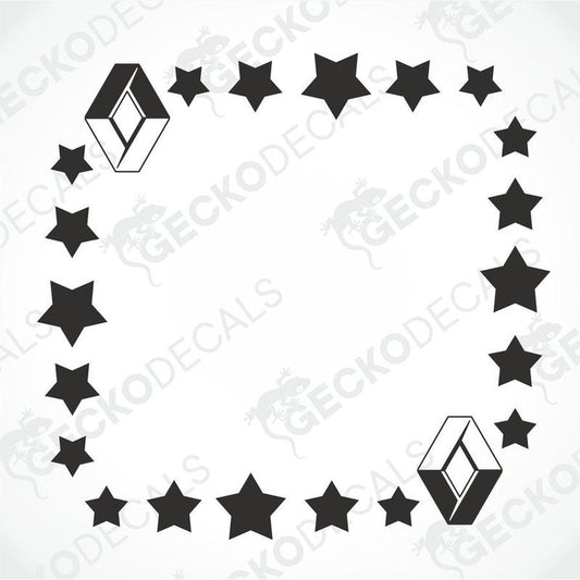 A set of black star-shaped decals intended for use as vehicle side window decorations.