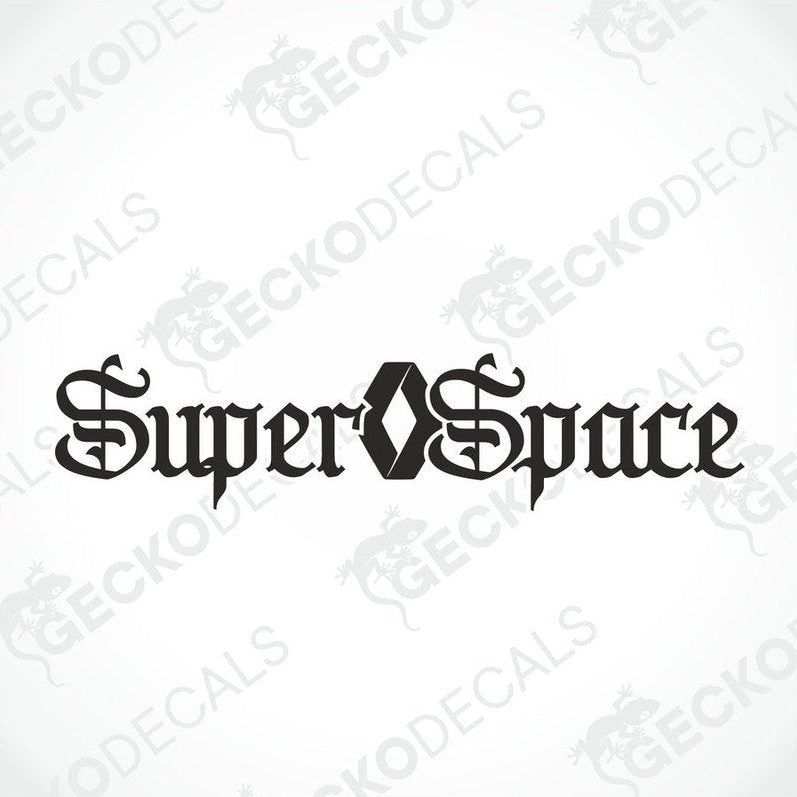 A die cut decal with the text 'Super Space' displayed on the upper part of a truck's windscreen.