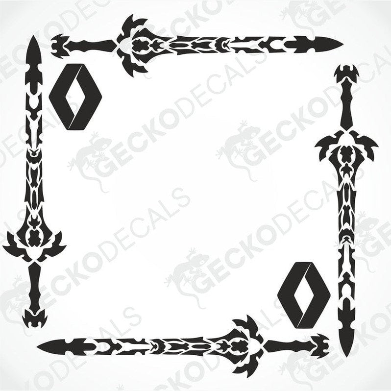 A set of die cut black decals for Renault trucks, featuring intricate sword designs for side window decoration.