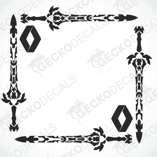 A set of die cut black decals for Renault trucks, featuring intricate sword designs for side window decoration.