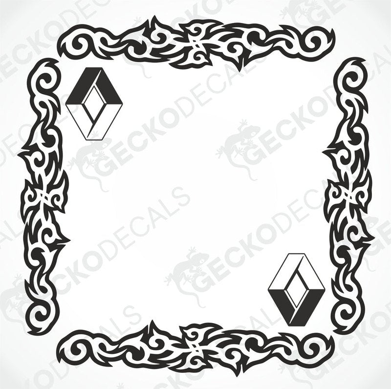 A black and white image of a die cut decal with ornamental design and the Renault brand logo, intended for use as a side window decal.
