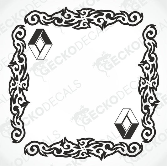 A black and white image of a die cut decal with ornamental design and the Renault brand logo, intended for use as a side window decal.