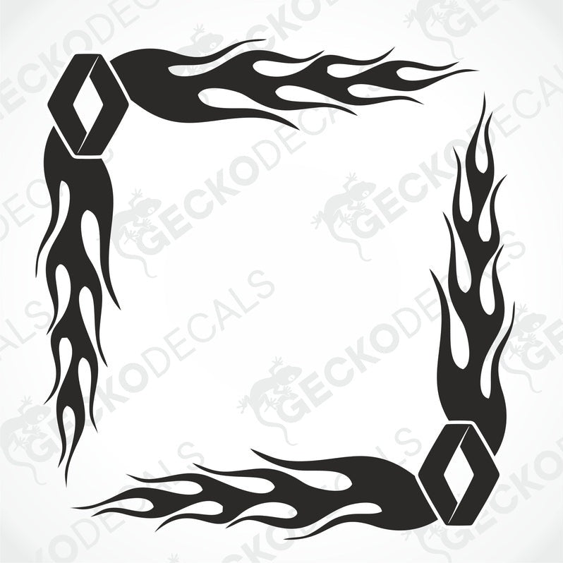A set of two black tribal flame design side window decals for vehicles.