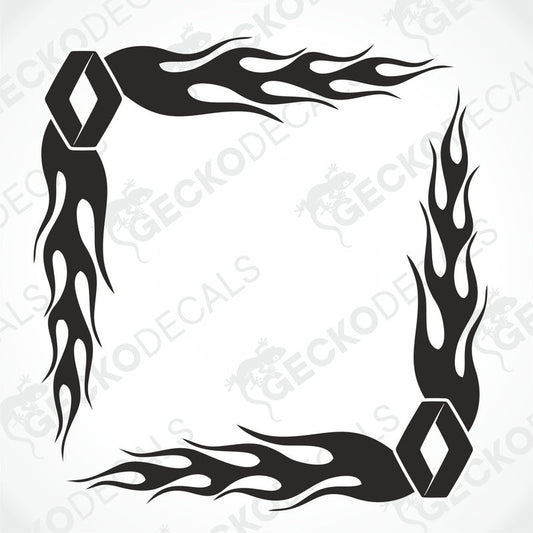 A set of two black tribal flame design side window decals for vehicles.