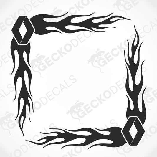 A pair of black tribal flame design side window decals for a vehicle.