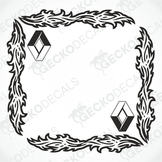 A black and white tribal pattern side window decal for a Renault truck