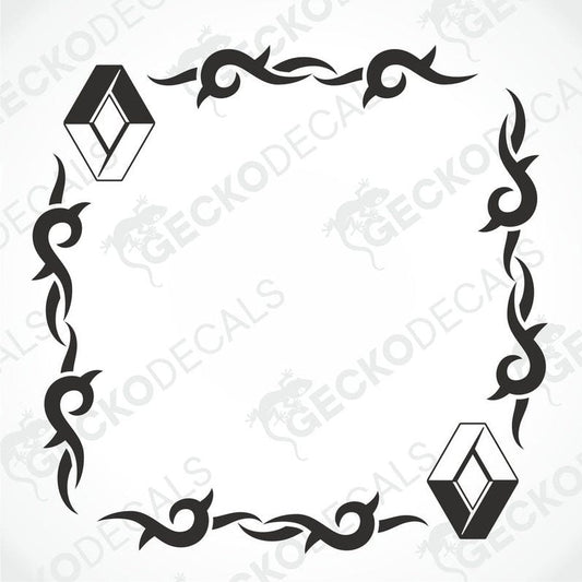 A die cut sticker with tribal side window decals design, intended for use on the exterior and interior of a vehicle, displayed on a white background.