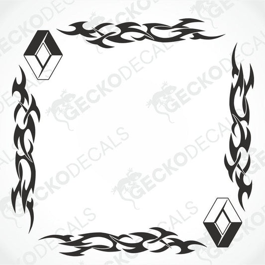 A set of two black tribal pattern side window decals for a vehicle, displayed on a white background.