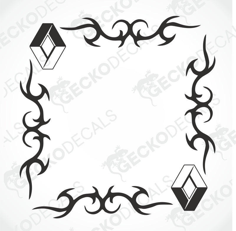 A set of two black tribal pattern side window decals for a Renault vehicle, displayed on a white background.