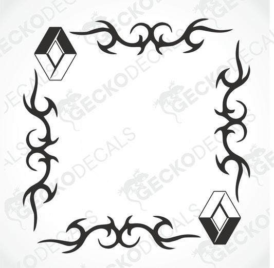 A set of two black tribal pattern side window decals for a Renault vehicle, displayed on a white background.