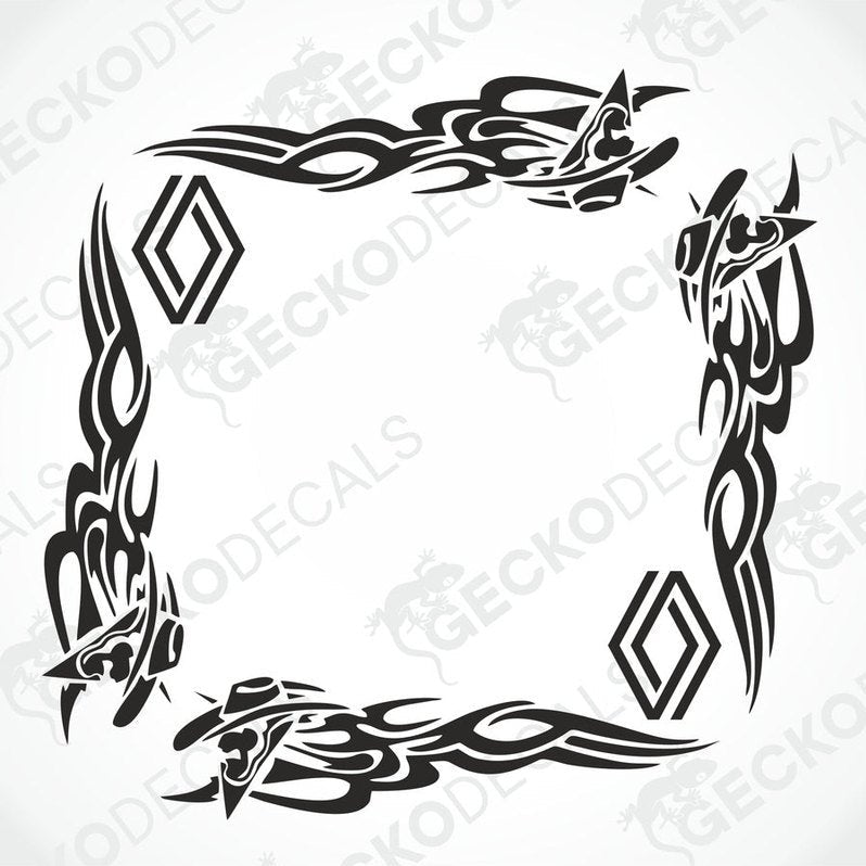 A set of black tribal patterned decals for vehicle side windows.