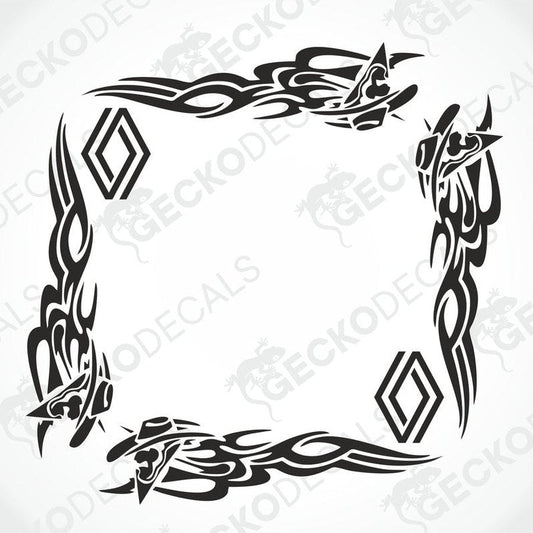 A set of black tribal patterned decals for vehicle side windows.