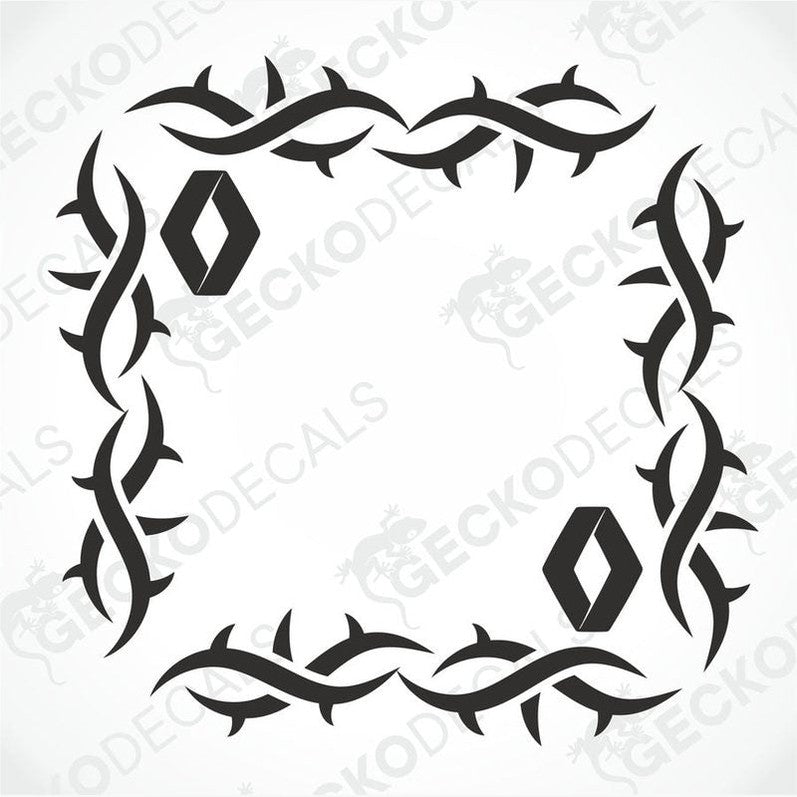 A black and white image of a die cut sticker with a tribal pattern designed for use as a side window decal.