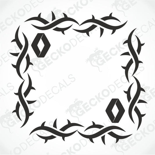 A black and white image of a die cut sticker with a tribal pattern designed for use as a side window decal.