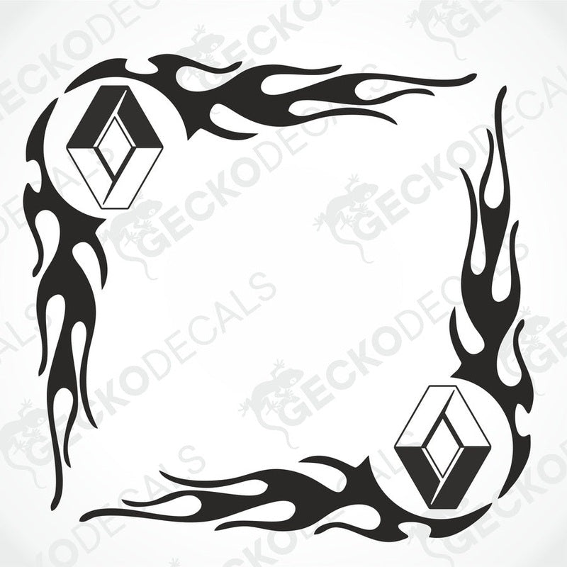 A set of two black tribal flame design side window decals for a vehicle, with visible Renault branding.