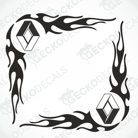 A set of two black tribal flame design side window decals for a vehicle, with visible Renault branding.