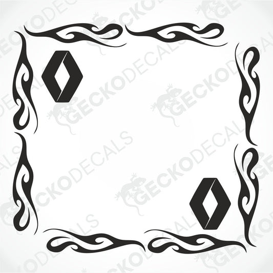 A set of two black tribal patterned side window decals for a Renault vehicle, displayed on a white background.