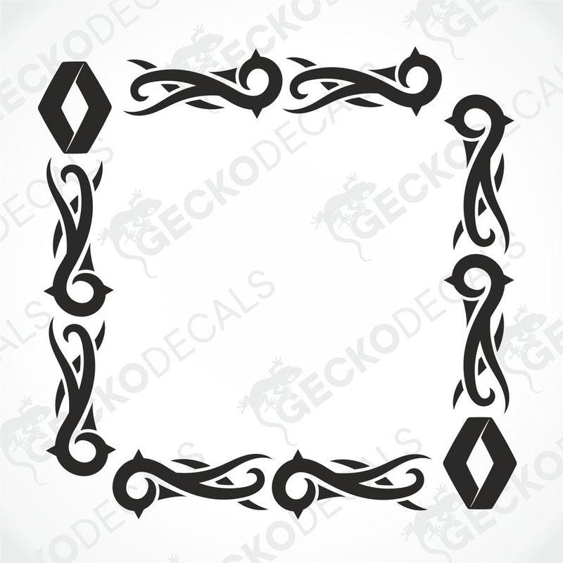 A black and white image of a die cut tribal pattern decal for Renault truck side windows.