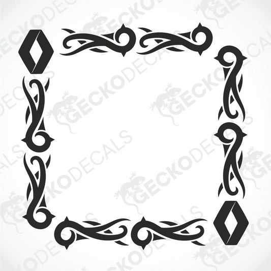 A black and white image of a die cut tribal pattern decal for Renault truck side windows.