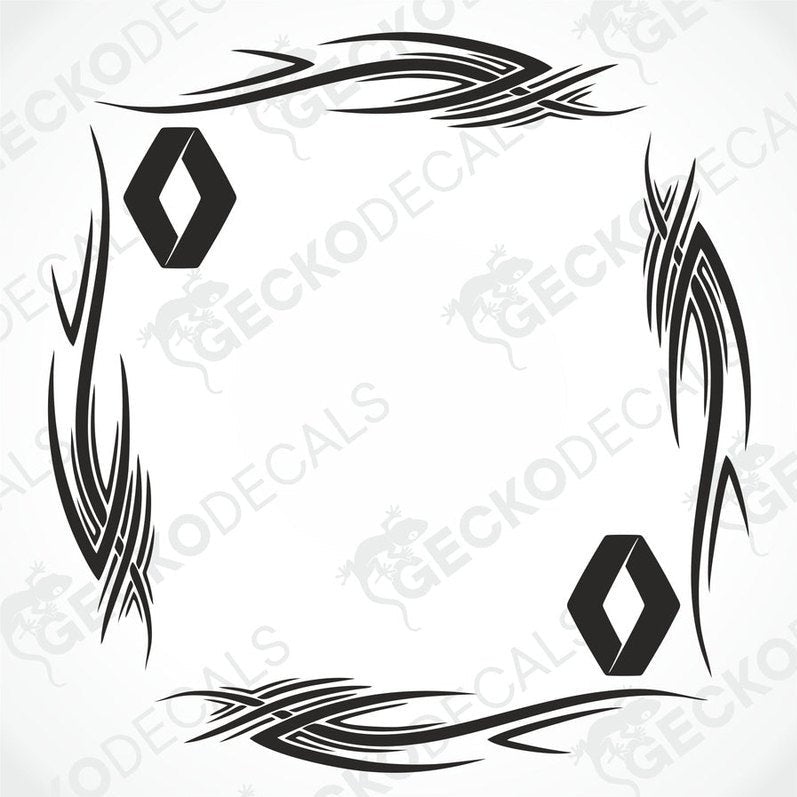 A set of two black tribal pattern side window decals for a Renault vehicle, displayed on a white background.