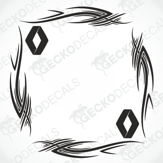 A set of two black tribal pattern side window decals for a Renault vehicle, displayed on a white background.
