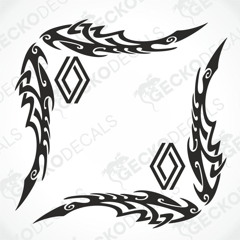 A set of two black tribal patterned side window decals for vehicles.