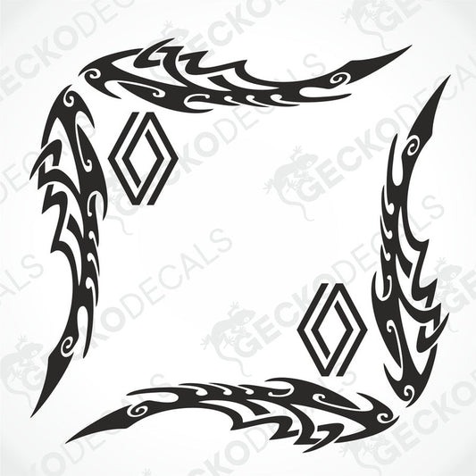 A set of two black tribal patterned side window decals for vehicles.