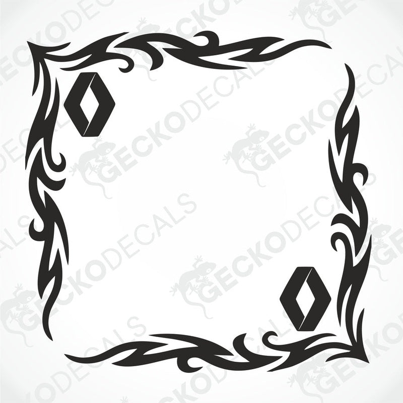 A black and white tribal pattern side window decal for a Renault vehicle.