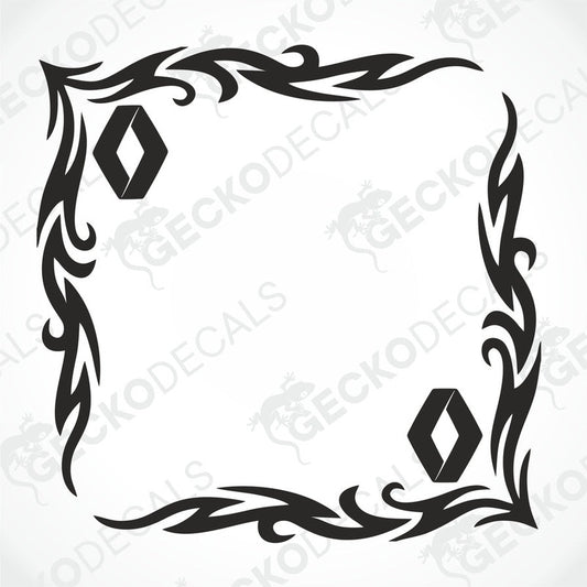 A black and white tribal pattern side window decal for a Renault vehicle.