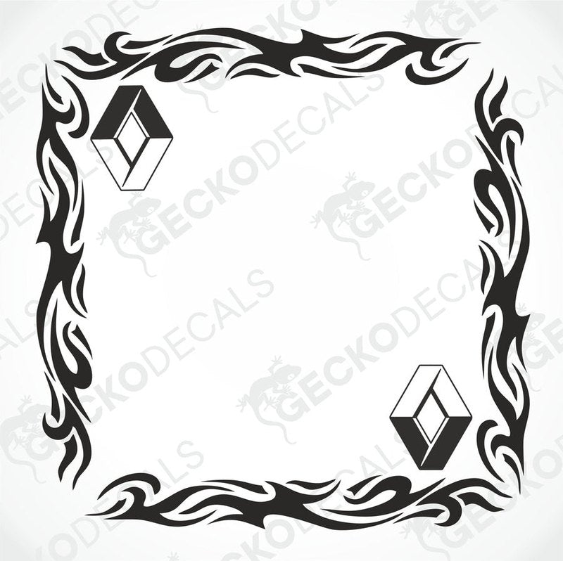 A black and white tribal pattern side window decal for a Renault truck