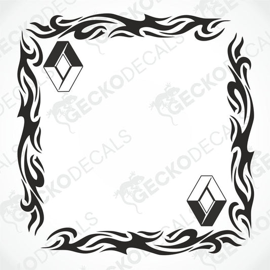A black and white tribal pattern side window decal for a Renault truck