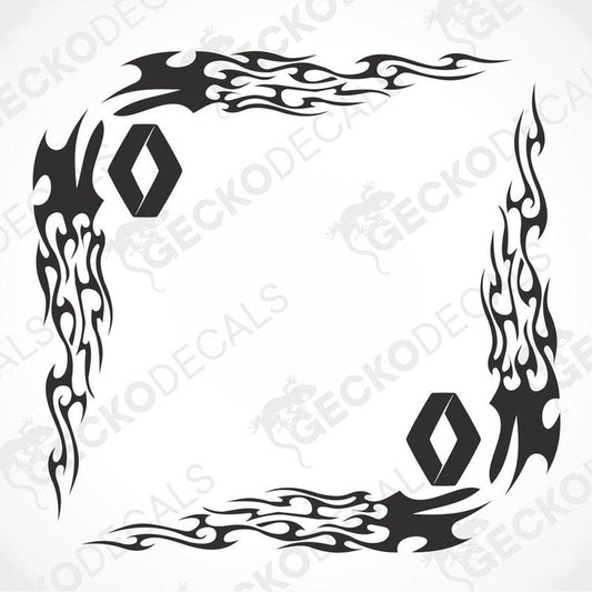A set of two black tribal pattern die cut stickers for Renault truck side window decoration, displayed on a white background.